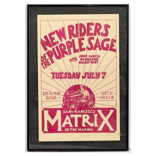 Jerry Garcia/New Riders Of The Purple Sage Concert Poster Signed By Artist, 1970, Concert poster for a show at the "San Francisco Matrix in the Marina