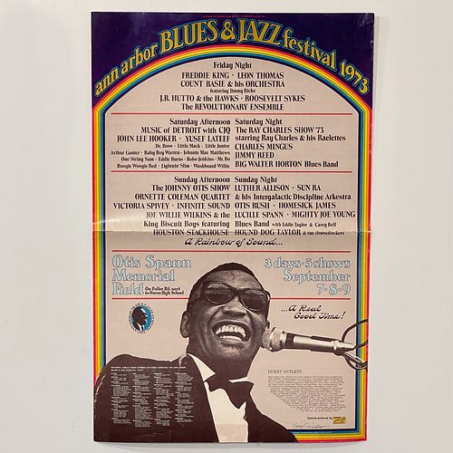 Ray Charles, John Lee Hooker, Charlie Mingus 1973 Ann Arbor Blues &amp; Jazz Festival Poster Signed By Gary Grimshaw, Card stock poster, art by Gary G