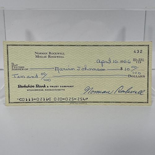 A Check Signed By Norman Rockwell With Original Mailing Envelope, A personal check from "Berkshire Bank &amp; Trust Company, Stockbridge, Massachusett