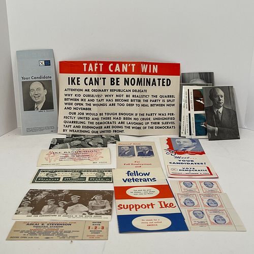 Group Of 31 Vintage Ike Dwight Eisenhower Presidential Campaign Buttons And Related Ephemera, Various sizes 7/8" to 3 3/8" diameter. Accompanied by 21