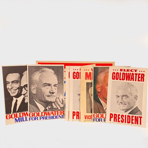 Nine Original 1960s Presidential Campaign Posters For Goldwater/Lodge, Circa 1964, including one large poster on thick card stock "Sold On Goldwater M