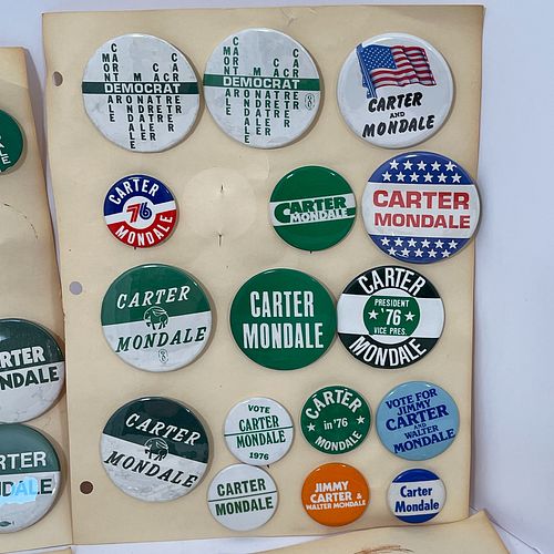 Approximately 90 Unique Jimmy Carter Presidential Campaign Buttons, Including 1976 and 1980 campaigns. Sizes range from 1 1/2" to 3 1/2" diameter.