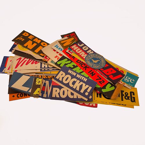 Large Group Of Vintage Presidential And Political Bumper Stickers, Approximately 100 various vintage political bumper stickers, circa 1960s-1980s, inc