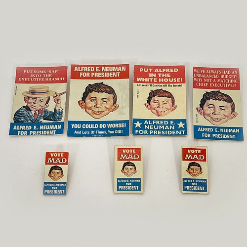 Group Of Seven Alfred E. Neuman For President Pins, All rectangular card, including four large versions, each showing an image of Alfred E. Neuman, fe