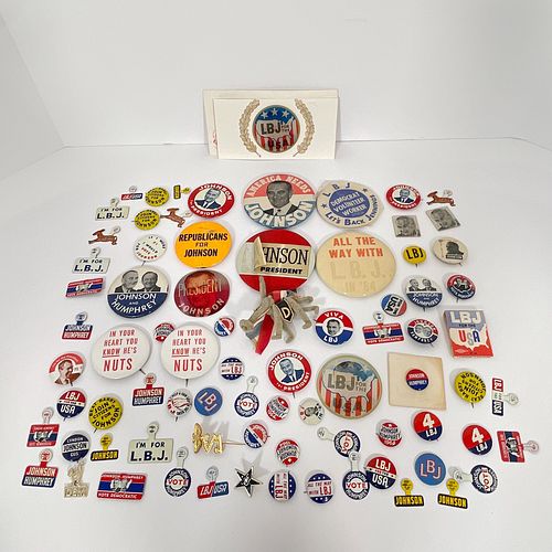 Large Group Of Vintage LBJ Lyndon Johnson Campaign Buttons., Approximately 75 campaign buttons, at least 35 unique, many LBJ/Humphrey, 1960s. Sizes va