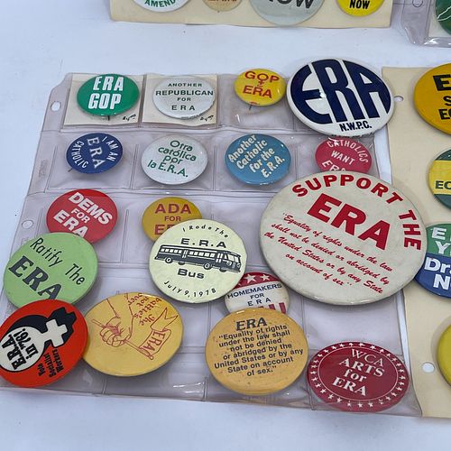 60 Vintage Women's Causes ERA Equal Rights Buttons, Majority 1970s-1980s, all different. Sizes vary from 7/8" to 4" diameter.