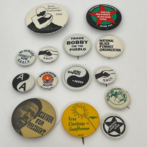 Group Of 40 Anti Racism Black Activism And Jesse Jackson Campaign Buttons, Interesting group of vintage pins, circa 1960s-1980s, sizes vary 3/4" to 3"
