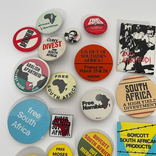 Group Of 46 Vintage Anti Apartheid South Africa And Biafra Buttons, Various sizes 3/4" to 2 3/8" diameter.