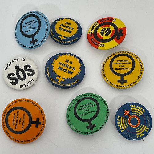 80 Group Of 90 Vintage Ant-Nukes Buttons, Size vary from 7/8" to 3 1/2" diameter. Majority circa 1970s-1980s.
