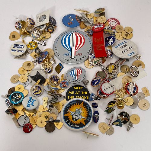 Approximately 170 Vintage NASA Space Program Buttons, Various sizes 1/2' inch to 3 1/4" diameter.