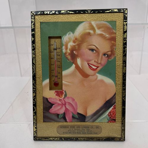 Six Framed Advertising Thermometers, Each display showing a different, colorful illustration inset with a small thermometer and a gold label to the lo