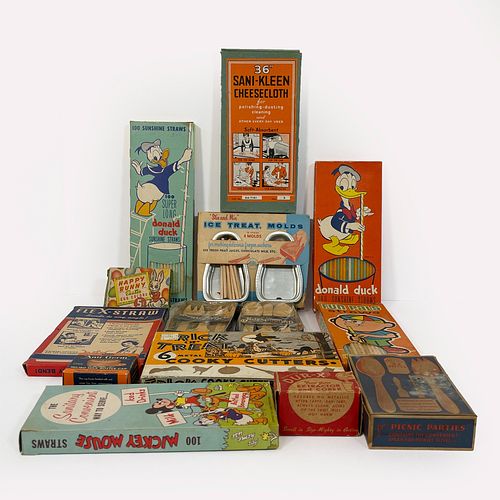 Group Of Vintage Boxed Kitchen Products, Including a five boxes of drinking straws: "Donald Duck Sunshine Straws For Long Drinks"; "Mickey Mouse" and 