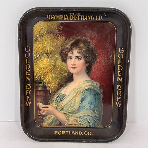Olympic Bottling Co. Golden Brew Tin Tray, Lithographed tin tray with an image titled "Chrysanthemum Girl" featuring a seated young woman with gilt le
