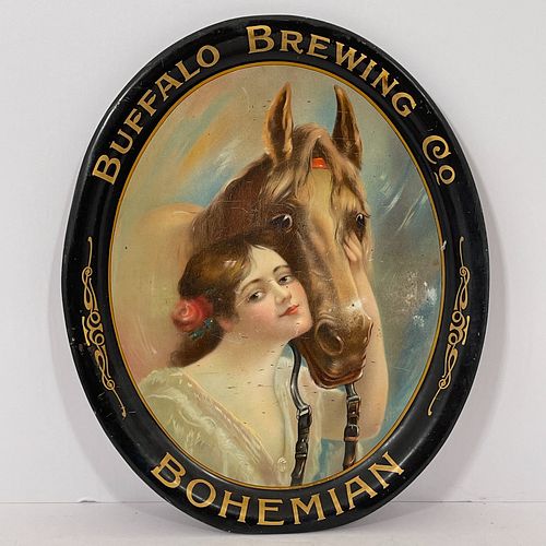 Buffalo Brewing Co. Bohemian Tin Tray, Lithographed oval tinplate tray showing an image of a woman and a horse with gilt lettering "Buffalo Brewing Co