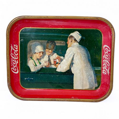 Vintage Coca-Cola Curb Service Tray, Charming rectangular tin tray with printed illustration showing a man and a woman seated in a car being served gl