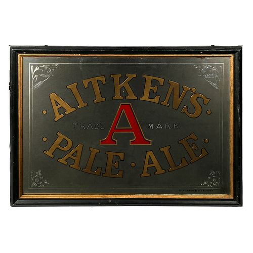 Aitken's Pale Ale Advertising Pub Mirror, Reverse painted, the gilt letters within an engraved foliate band. Printed details to lower right corner "D 