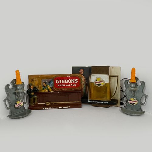 Gibbons Beer And Ale Back Bar Display And Three Falstaff Beer Signs, Vintage three dimensional painted chalk ware advertising display styled as a bar 