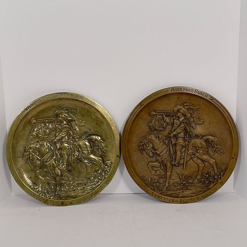 An Original Anheuser-Busch Bronze Plaque And Accompanying Reproduction Plaque, Circular cast bronze plaque showing a man on horseback blowing a trumpe