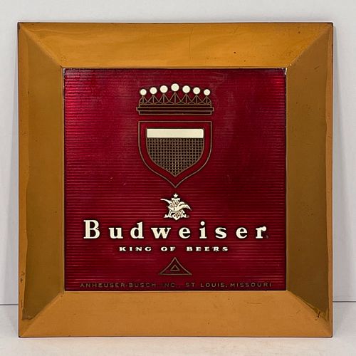 Budweiser Copper And Enamel Advertising Plaque, Vintage circa 1950s-1960s square advertising wall plaque, featuring a design to the centeron a red bac