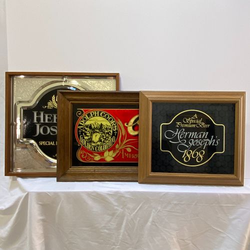 A Coors Light Beer Advertising Sign And Two Herman Joseph's Special Premium Signs, All reverse painted on glass, framed, including a red, gold and bla