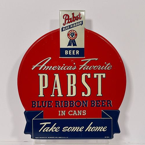 Pabst Blue Ribbon Tin Beer Sign, Stunning vintage lithographed embossed tin easel back counter sign, featuring white, and blue lettering on a red back