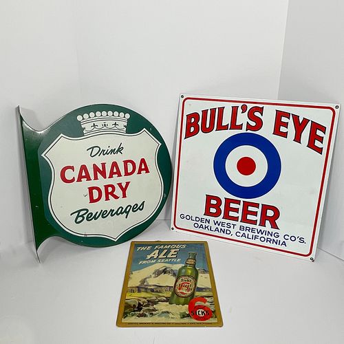 Three Beer And Beverage Advertising Signs, Including a red, green and white double-sided painted metal flange sign for "Canada Dry Beverages." One sid
