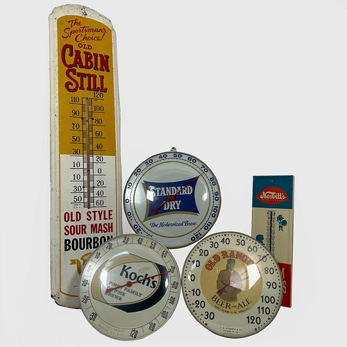 Group of Five Advertising Thermometers, A nice group of original advertising thermometer signs, circa 1950s-1960s, including three circular bubble the