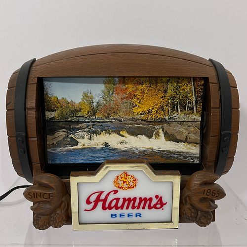 Hamm's Rotating Electric Beer Sign, Vintage electriclight up Hamm's Beer sign, in the style of a barrel with rotating flipper motion revealing a serie