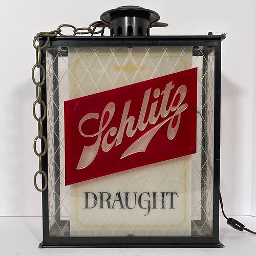 Vintage Schlitz Draught Illuminated Advertising Sign, Fantastic original plastic and metal electrically lit three hanging sign, in the style of an old