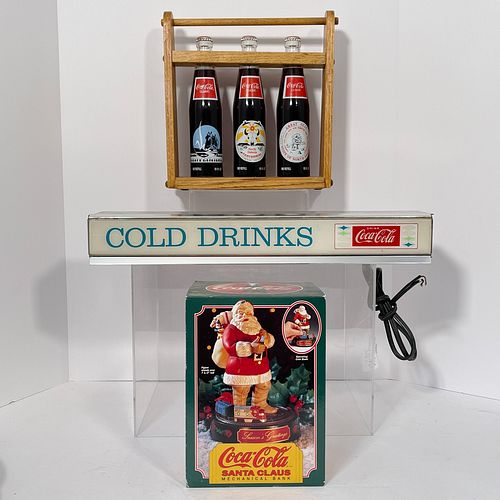 Electric Coca-Cola Fountain Top Sign And Other Memorabilia, Vintage metal and plastic light up "Cold Drinks" sign with Coca-Cola logo to right corner,