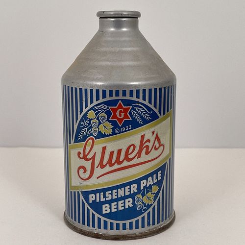 Vintage Gluek's Pinsener Pale Beer Cone Top Crowntainer, Nice original 12oz example with blue stripes on a silver background and text reading "Silver 