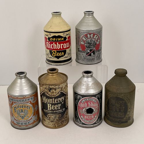 Group Of Five Various Beer Crowntainers And Monterey Beer Cone Top Can, Circa 1940s to 1950s, all without tops, including five Crowntainers: "Neuweill