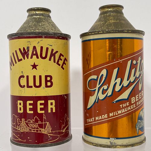 Two Schlitz Cone Top Beer Cans, Nice pair of original circa late 1930s 12oz cans including a maroon and cream "Milwaukee Club Beer" can "Brewed and Pa