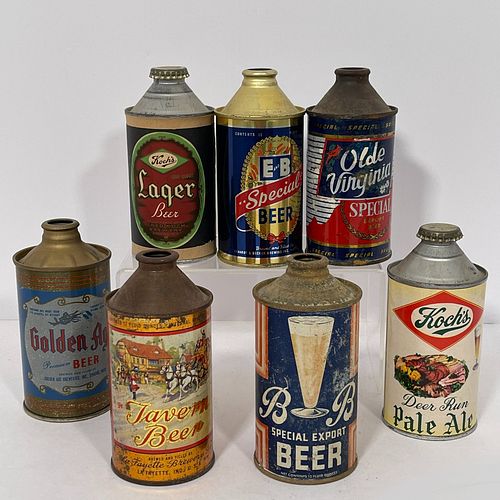 Seven Cone Top Beer Cans, Nice group of seven 12oz cans including:"B B Special Export Beer, Packaged for The Bert McDowell Co. Wholesale Grocers by Ra