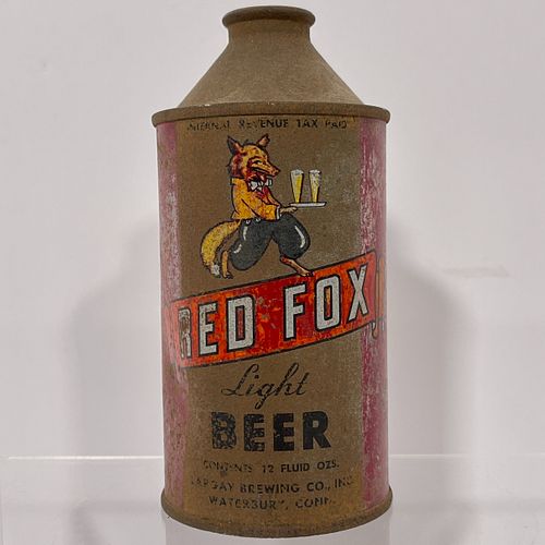 Red Fox Cone Top Beer Can, Rare original 12oz can with illustration of Fox holding a tray of beers with lettering below reading "Red Fox Light Beer, L