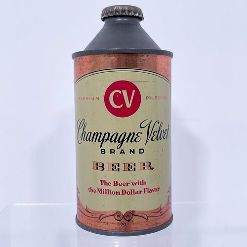 Champagne Velvet Cone Top Beer Can, Original 12oz can in red, white and black on a metallic rose gold background, with crown top, reading "Champagne V
