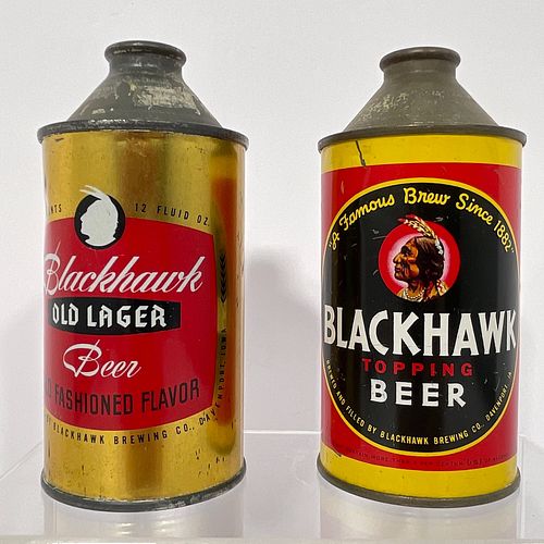 Two Blackhawk Cone Top Beer Cans, Onecan for "Blackhawk Old Lager" in red, black and white on a metallic gold background, made by "Continental Can Com