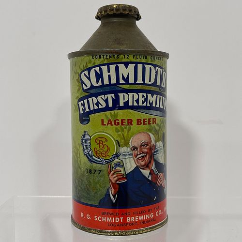 Schmidt's First Premium Cone Top Beer Can, Original 12oz can with colorful illustration of a seated white haired man holding a can of beer, with text 