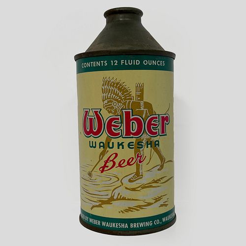 Weber Waukesha Cone Top Beer Can, Original 12oz can showing an illustration of an American Indian drawing water from a river, with red, green and whit