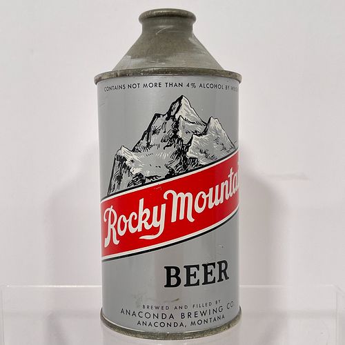 Rocky Mountain Cone Top Beer Can, Original 12oz can showing an illustration of a mountain on a silver grey background withwhite lettering on a red ban