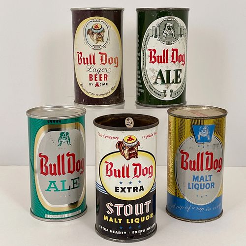 Group Of Five Vintage Bull Dog Flat Top Beer Cans, Nice group, all unique 12oz cans, circa 1950s-1960s, including "Extra Stout Malt Liquor", top remov