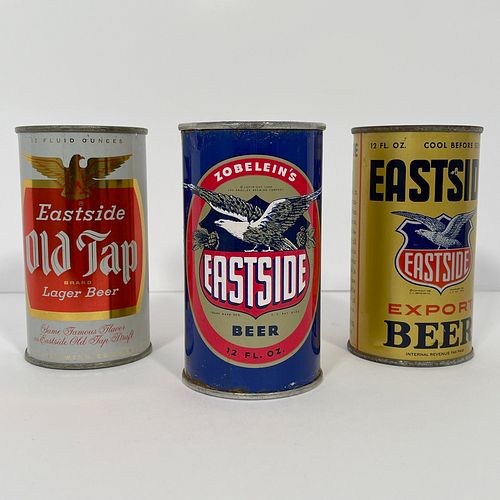 Three Eastside Flat Top Beer Cans, All 12oz cans including one for "Eastside Export Beer", metallic gold background with opening instructions and "Int