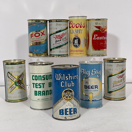 Wilshire Club Beer Flat Top Can And Eight Other Cans, All 12oz cans including "Wilshire Club Beer" can with blue background, opening instructions and 