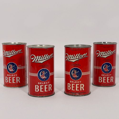 Five Miller Select Flat Top Beer Cans, All 12oz flat top cans in red with instructional information to side and "Internal Revenue Tax Paid" text to si