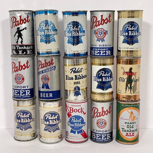 Pabst Old Tankard Ale Flat Top Beer Can And Fourteen Other Pabst Cans, Al 12oz cans, including one for "Pabst Old Tankard Pale Ale" on a metallic silv