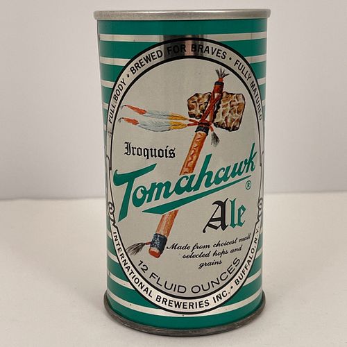 Rare 1960s Iroquois Tomahawk Ale Flat Top Beer Can, Outstanding original flat zip top 12 oz beer can, unopened, air filled, showing an illustration of