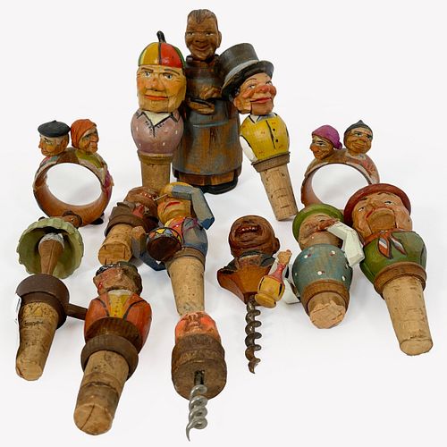 Group Of Thirteen Vintage Anri And Similar Hand Carved Wooden Items, Including eight figural bottle stoppers, seven articulated, some with moveable mo