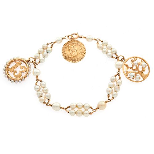 Cultured Pearl, 14k Yellow Gold Charm Bracelet