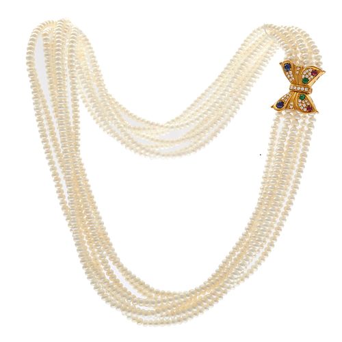 Diamond, Ruby, Sapphire, Emerald, Freshwater Pearl Necklace