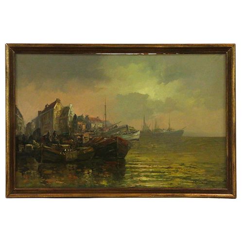 Roelof Dozeman (Dutch, 1924-1996) Harbor at Dusk